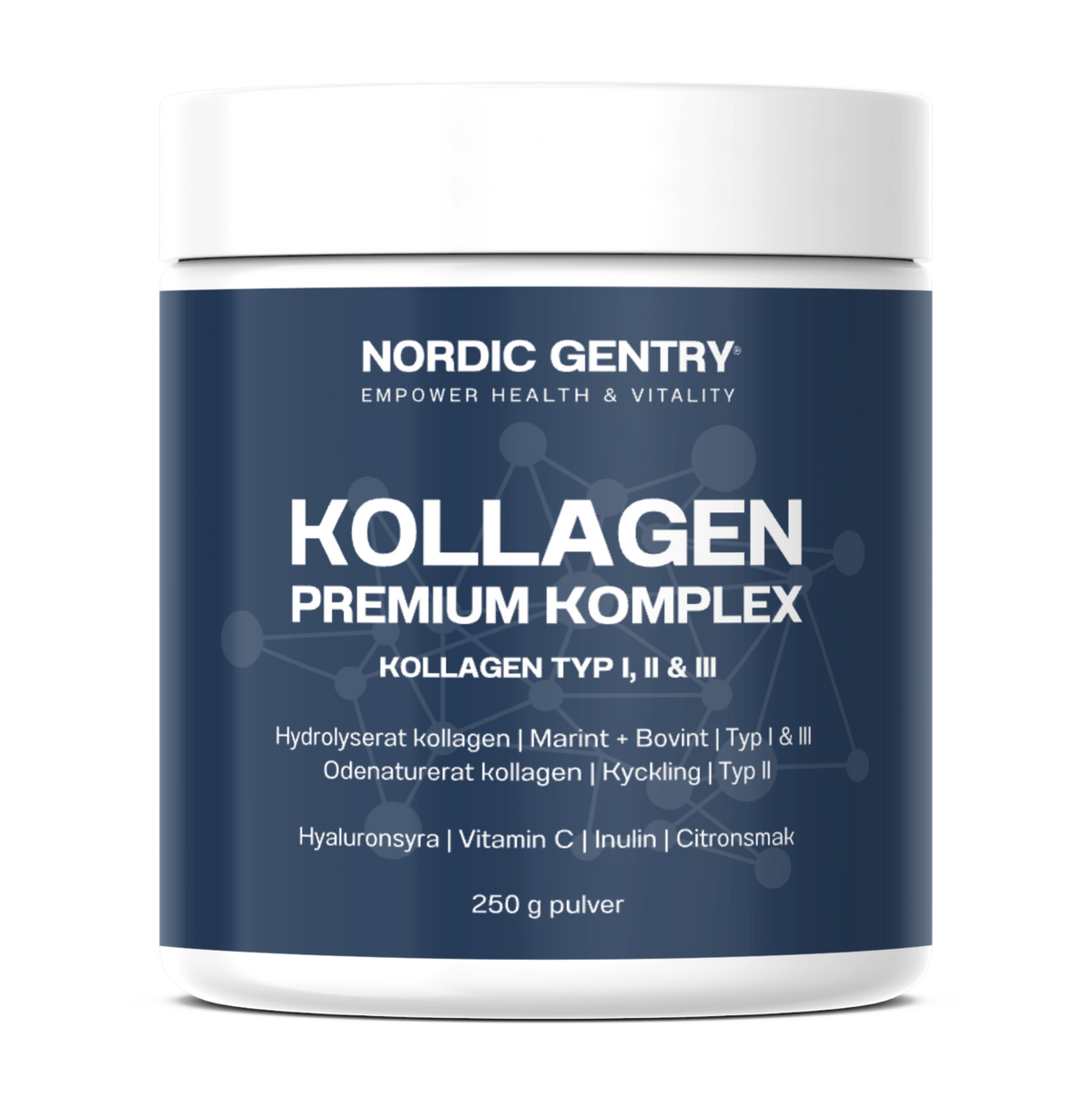 Nordic Gentry Kollagen Premium Komplex – kollagen typ I, II och III med hyaluronsyra och C-vitamin, citronsmak, 250 g pulver