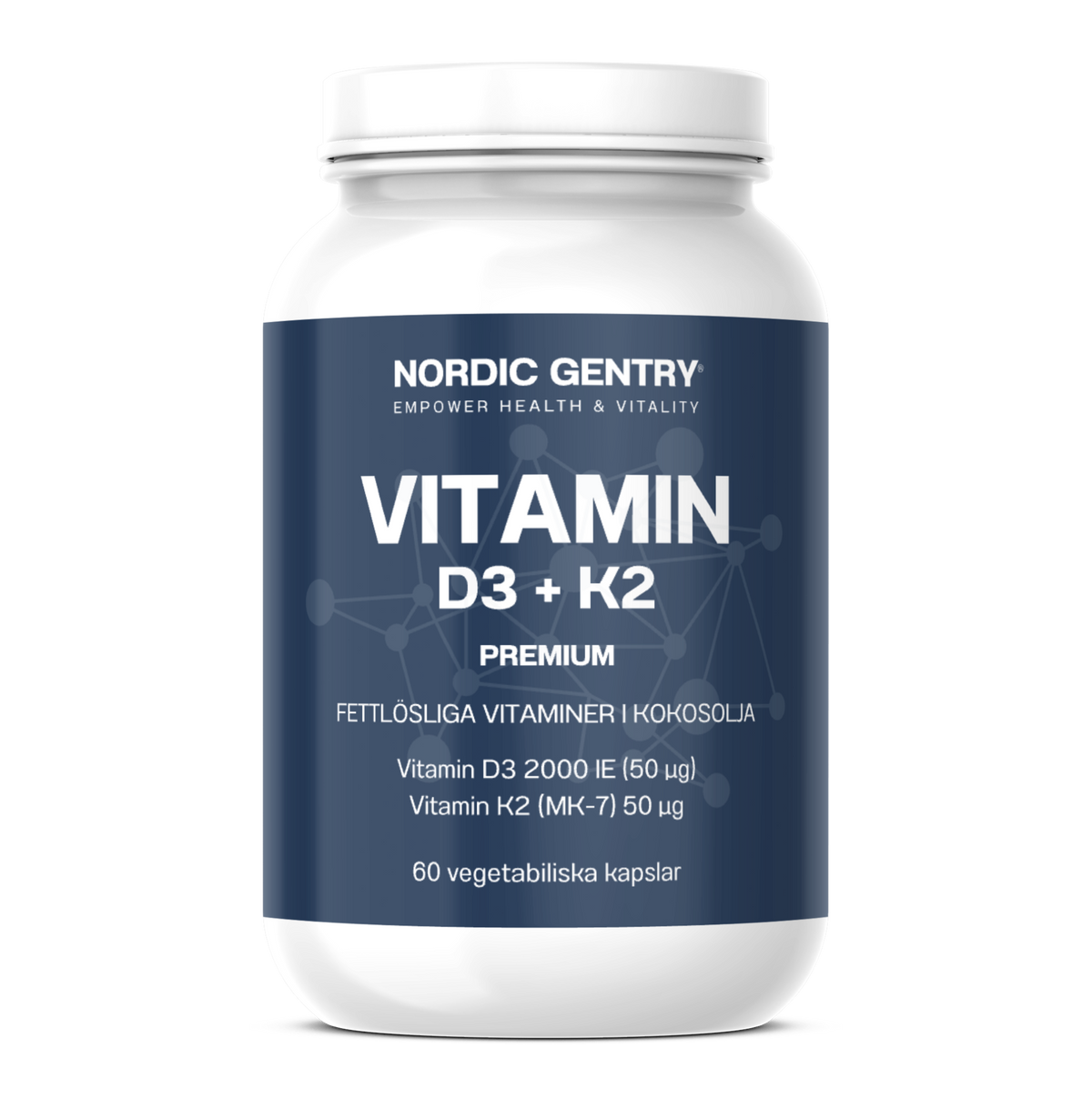 Nordic Gentry Vitamin D3 + K2 Premium – D3 50 µg (2000 IE) och K2 (MK-7) 50 µg, 60 vegetabiliska kapslar